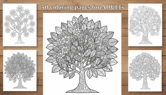 Preview of 50 Tree Coloring Pages for Adults PDF coloring pages for adults