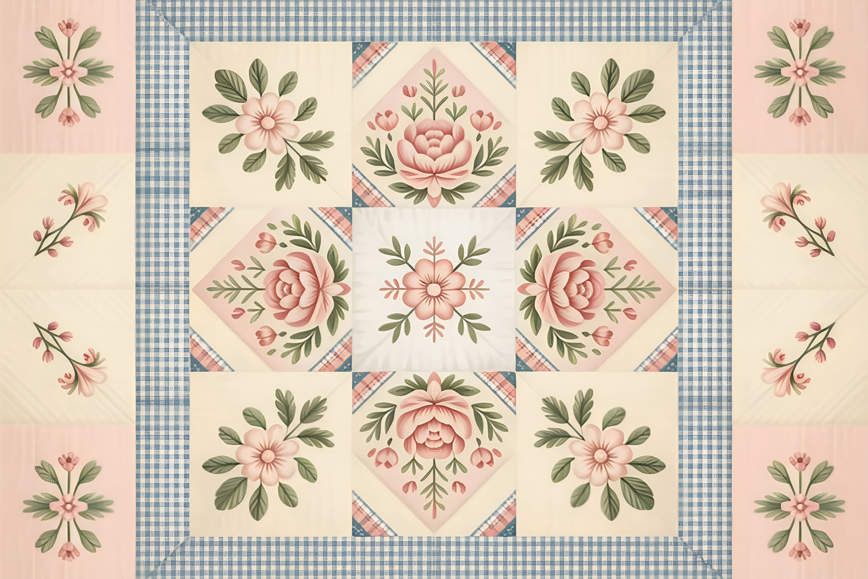 Blue Checkered Gingham Rose Quilt