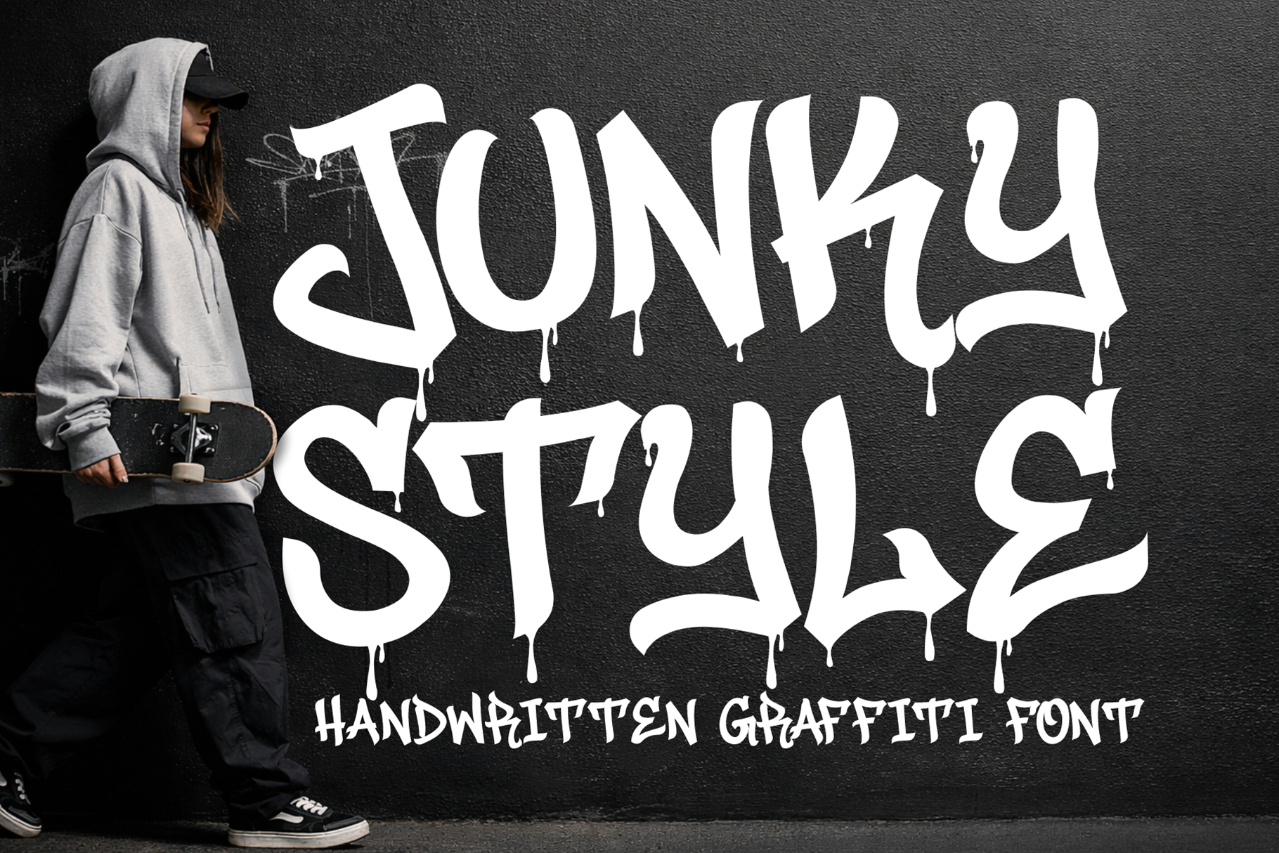Junky Style font preview: aggressive marker-tag font with paint-drip terminals