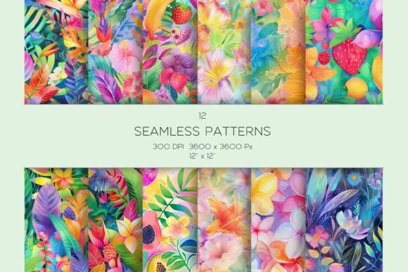 Rainbow Tropical Seamless Pattern Set