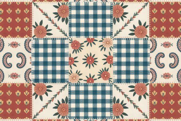 Red Gingham Folk Floral Patchwork