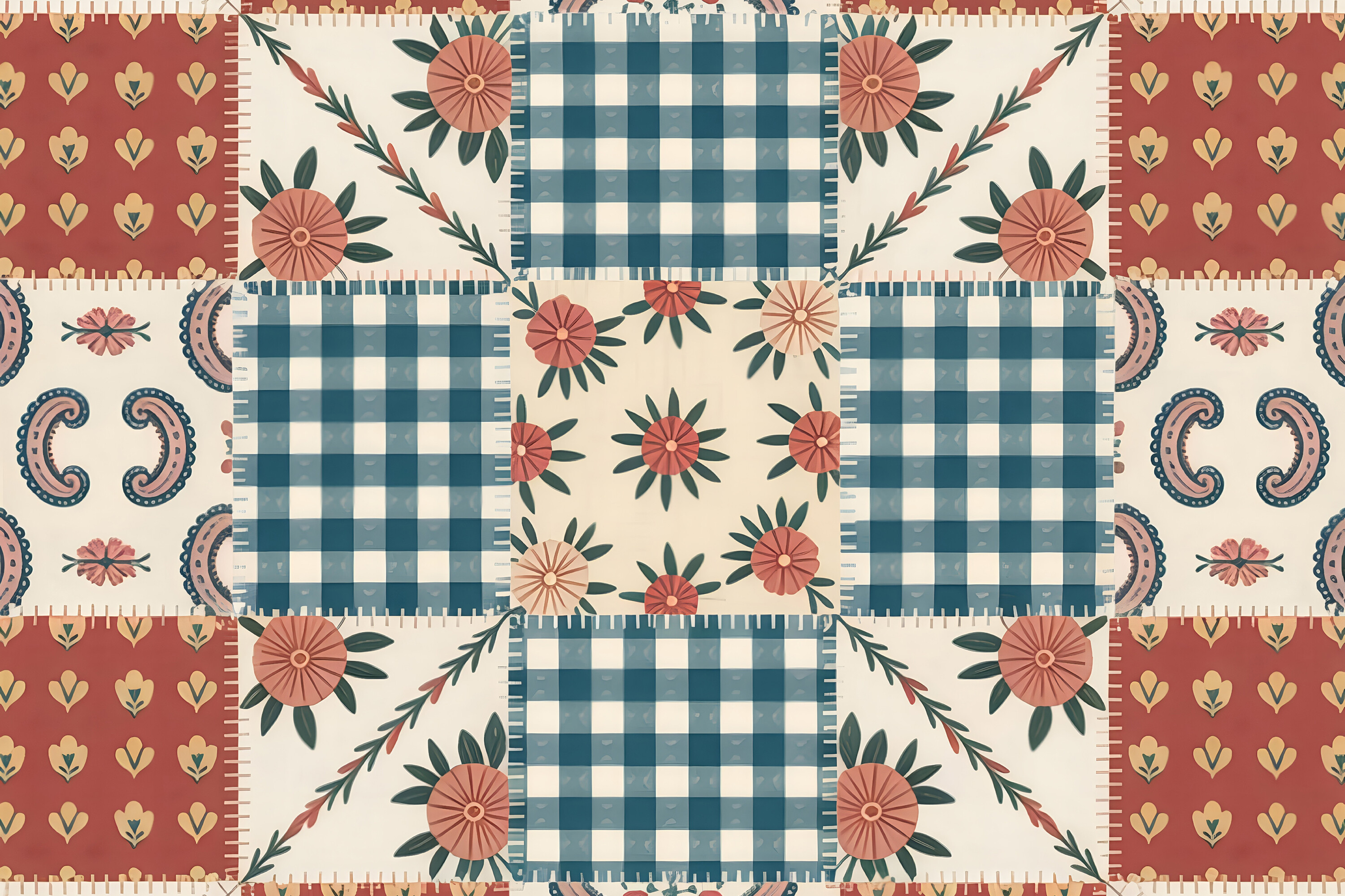 Red Gingham Folk Floral Patchwork
