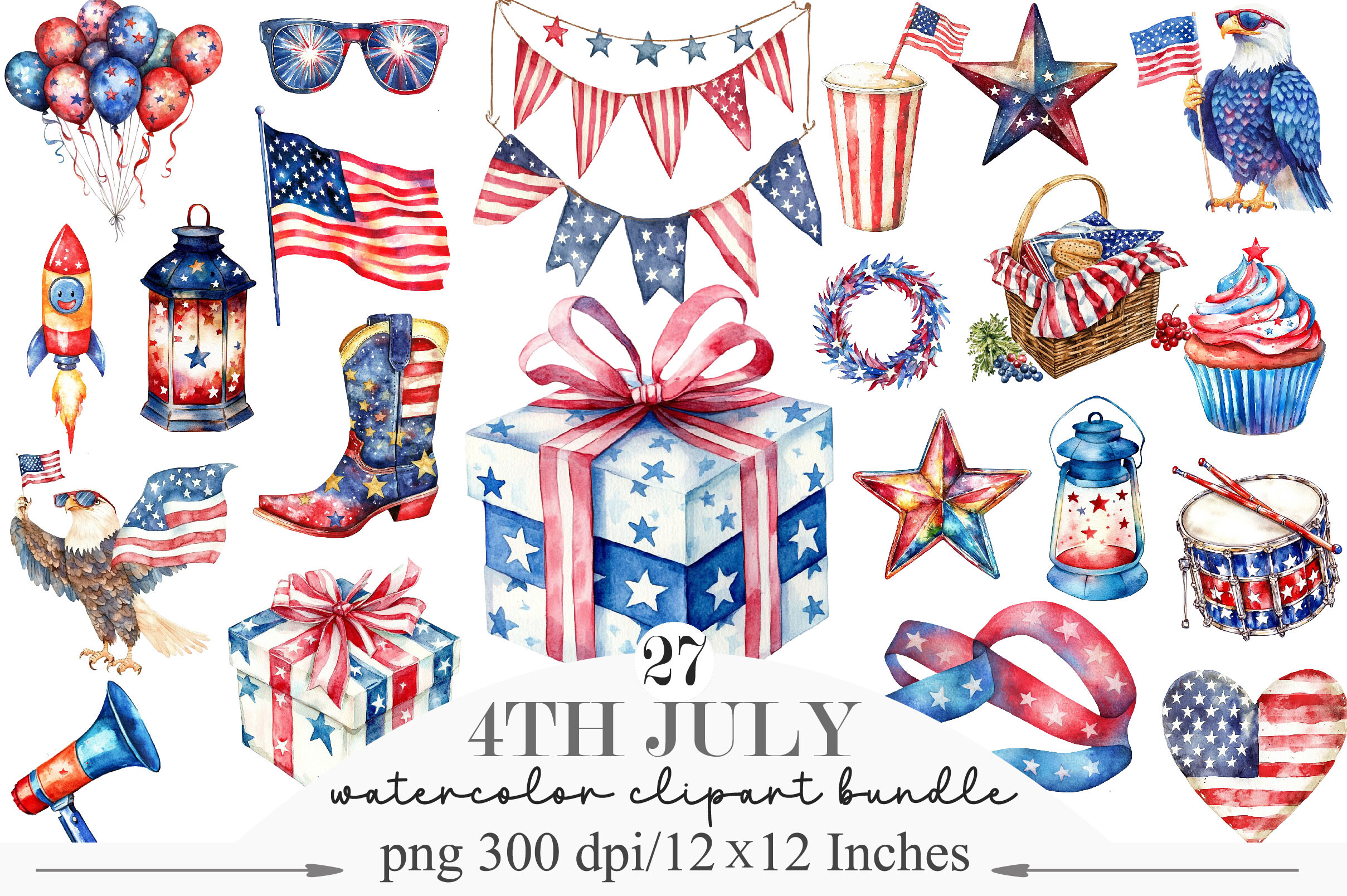 Watercolor 4th of July Clipart Bundle Graphic by designking · Creative ...
