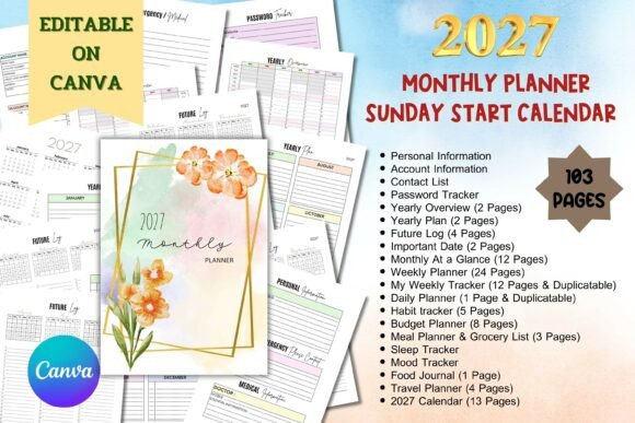 2027 Monthly Planner - Editable Planner