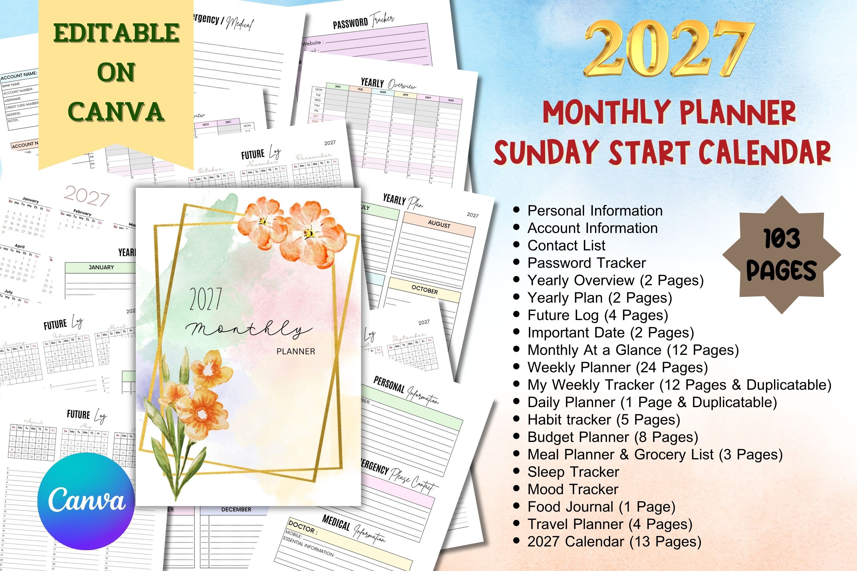 2027 Monthly Planner - Editable Planner