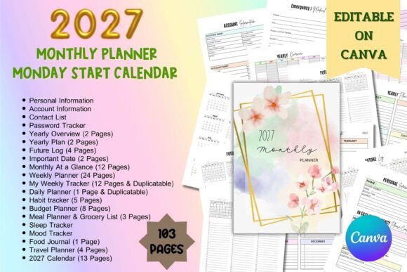 2027 Monthly Planner - Editable Planner