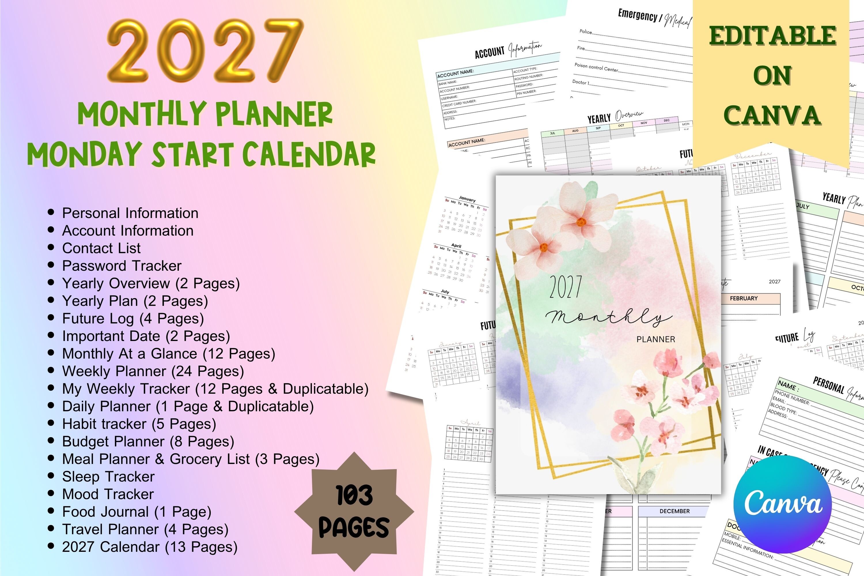 2027 Monthly Planner - Editable Planner