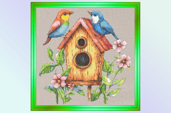 Cute Birdhouse with Birds Cross-stitch