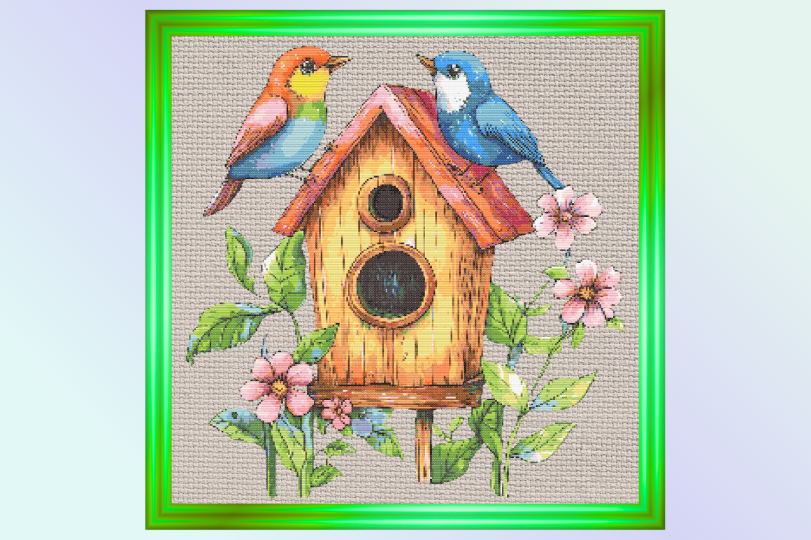 Cute Birdhouse with Birds Cross-stitch