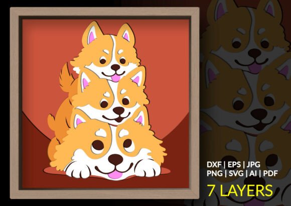 Cute Corgi dog pile 3D shadow box SVG