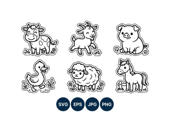Cute Farm Animal Line Art Set Graphic Illustrations By DesignVectx