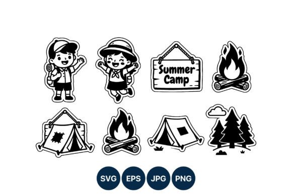 Summer Camp Kids Line Art