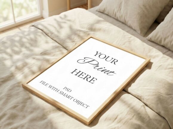 Cozy Bed Poster Mockup with Shadows Graphic Frames & Posters By Mockups Of Imaginations