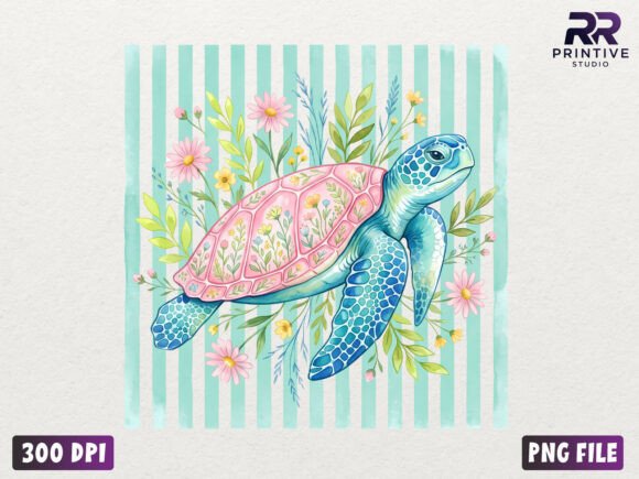 Preppy Summer Turtle Floral PNG