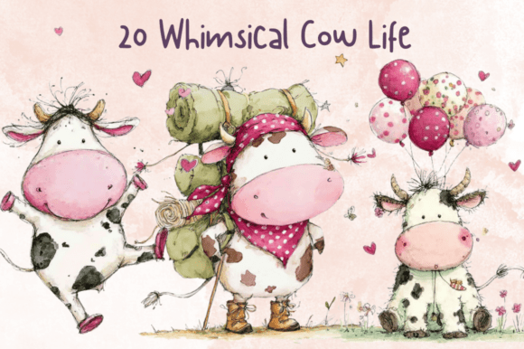 Storybook Whimsy Cow Life Clipart Set Graphic AI Generated By giraffecreativestudio