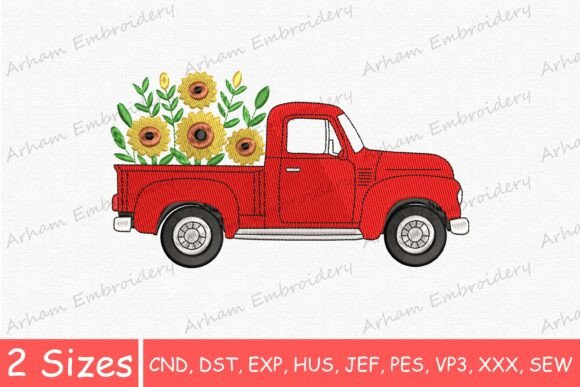 Vintage Red Truck with Sunflowers