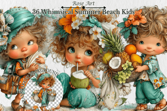Whimsical Summer Beach Kids Clipart Gráfico Generado por IA Por Rose Art