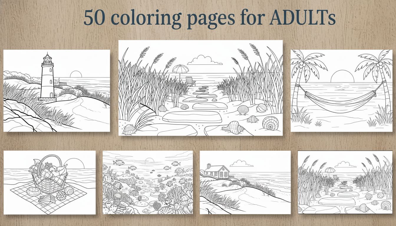 50 Beach Coloring Pages for Adults PDF