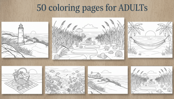 Preview of 50 Beach Coloring Pages for Adults PDF coloring pages for adults