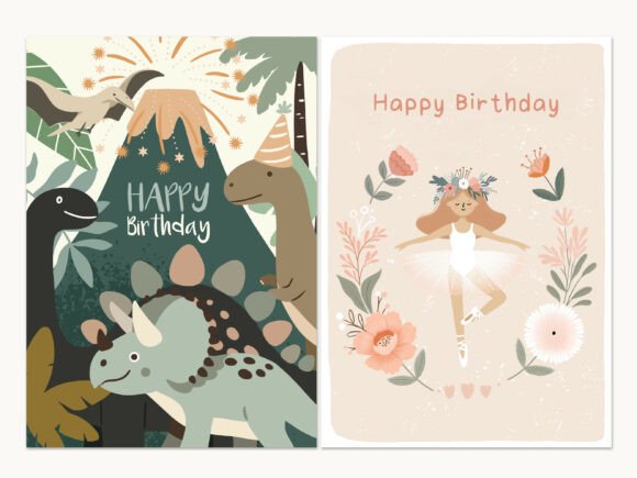 Dino & Ballerina Kids Birthday Cards