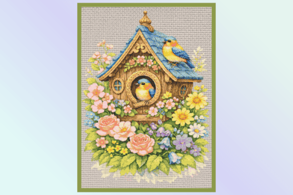 Floral Birdhouse with Birds Cross-stitch