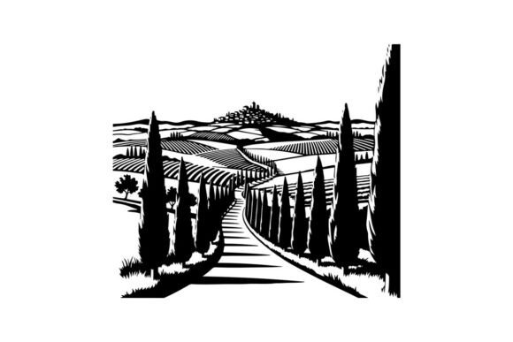 Tuscan Landscape with Cypress Trees and Gráfico Ilustraciones Imprimibles Por sctchcreations