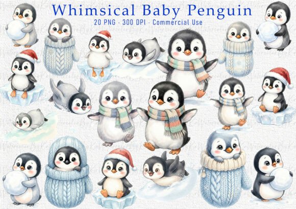 Baby Penguin Watercolor Bundle PNG for nursery prints