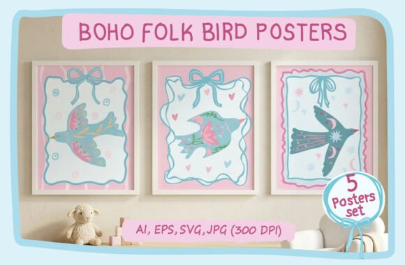 Boho Folk Birds Pastel Nursery Posters Graphics