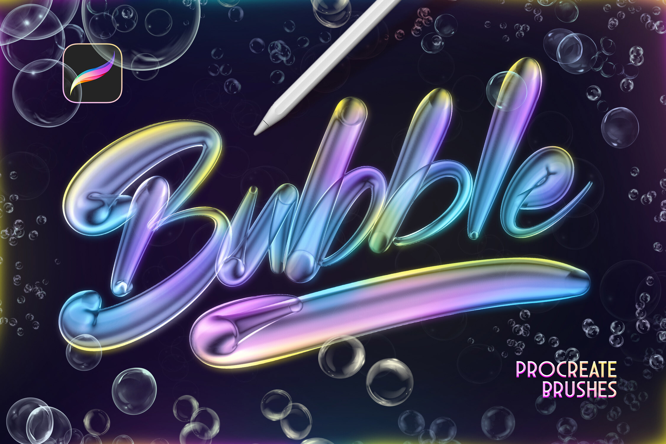 Bubbles Procreate Brushes bubble lettering 3D glossy transparent soap bubble effects