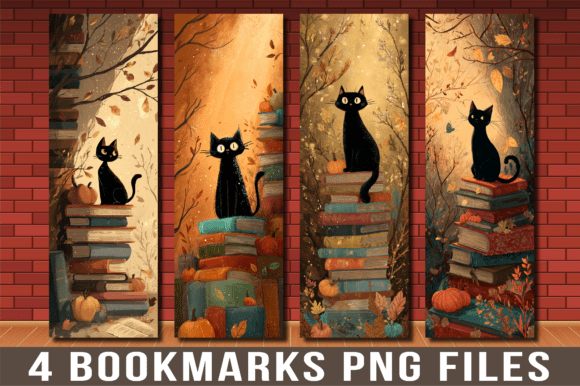 Cute Autumn Cat Book Stack Bookmarks