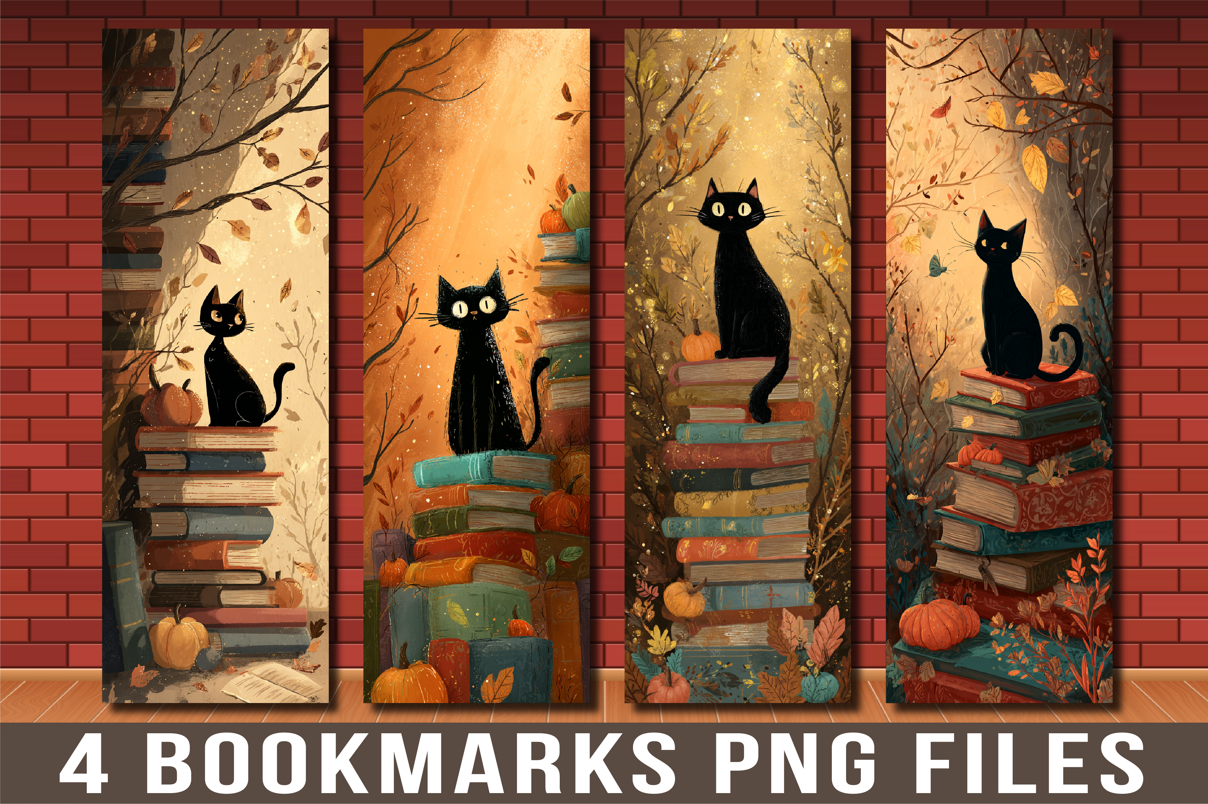 Cute Autumn Cat Book Stack Bookmarks