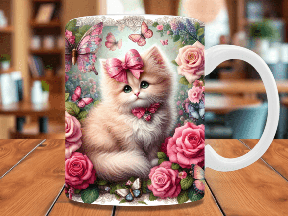 Cute Cat Butterfly Floral Mug Wrap Graphics