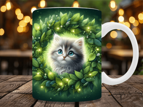Glowing Green Wreath Kitten Mug Wrap Graphics