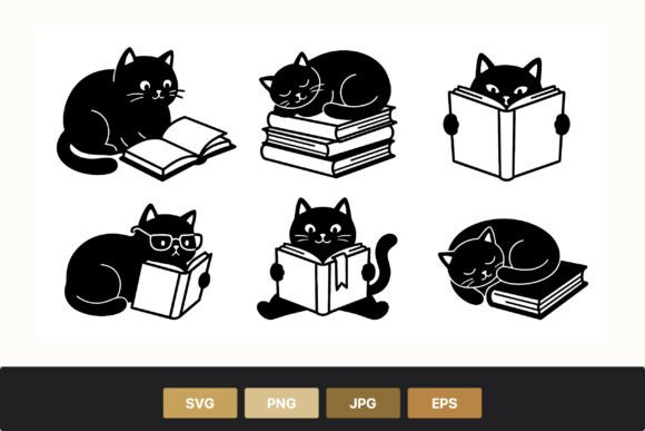 Black Cat Reading and Sleeping minimal cat silhouette SVG