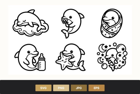 Cute Baby Dolphin Black White Line Art Graphic Illustrations By SVGdesigns