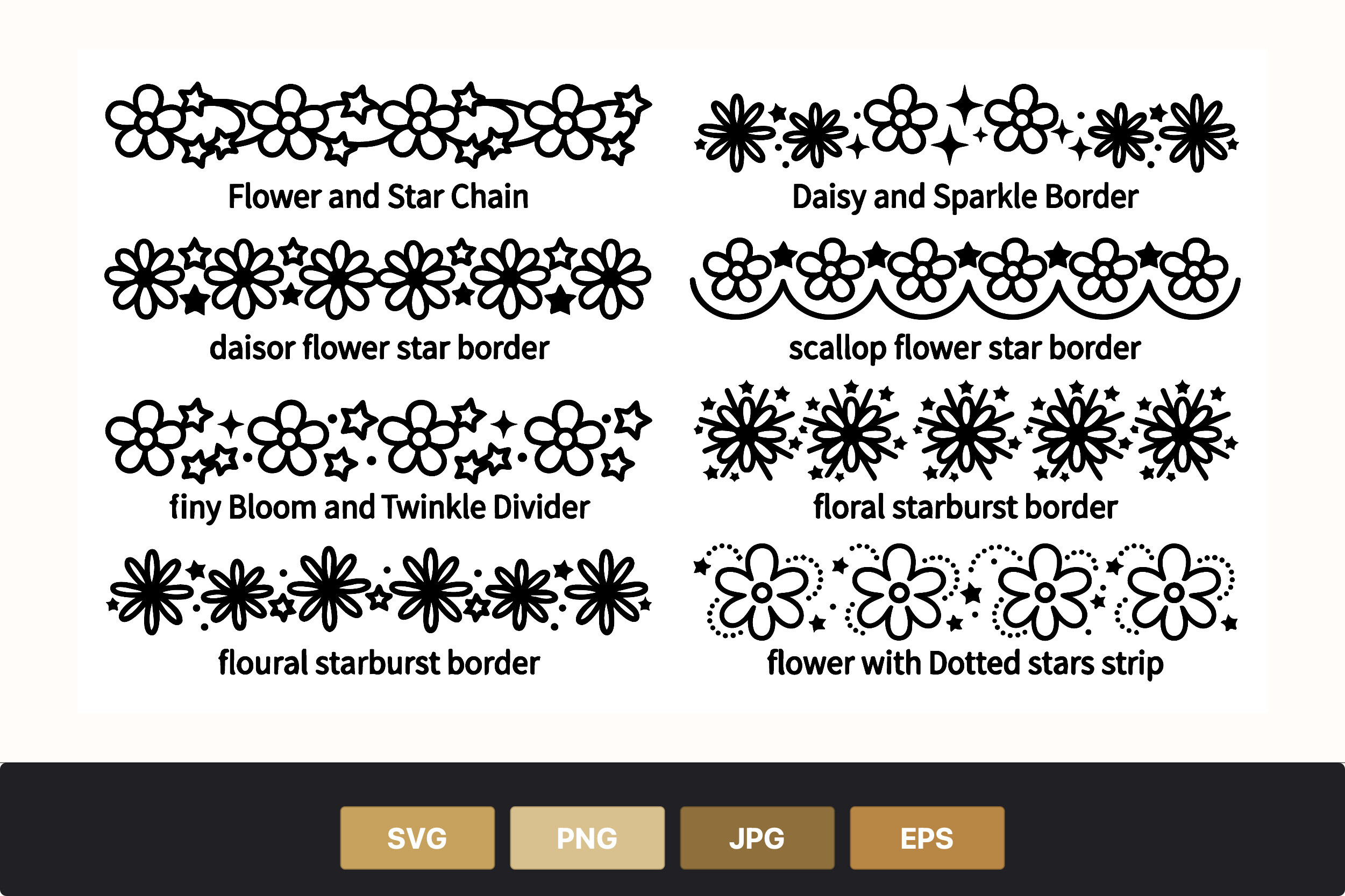 Daisy Star Floral Borders Black White