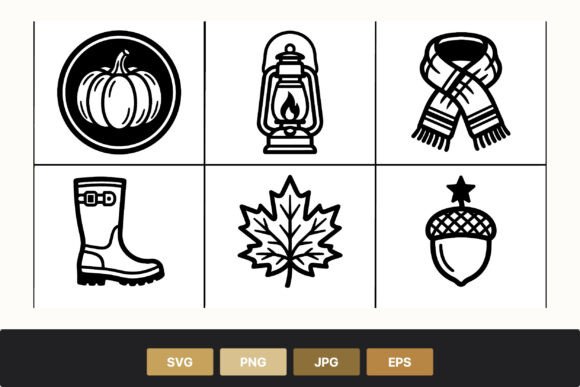 Autumn Icons Black White Line Art