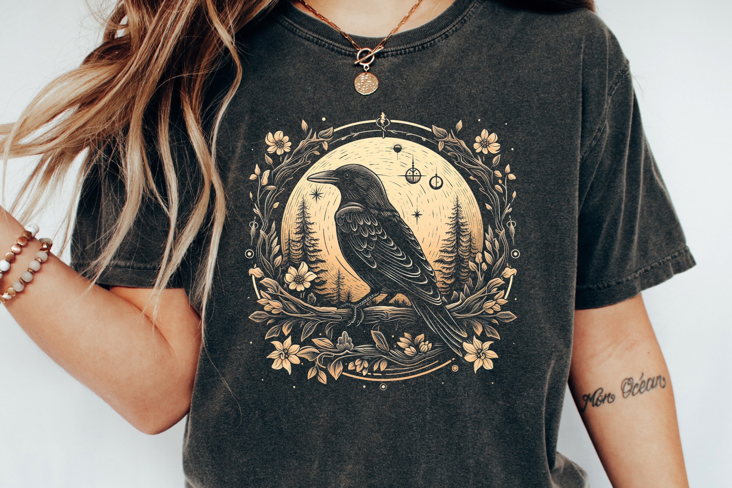 Black Crow Forest Moon Floral Frame Png