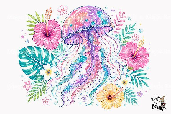 Colorful Jellyfish Tropical Floral PNG Grafika Rękodzieła Przez Magic Rabbit