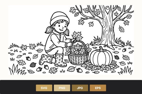 Girl Collecting Autumn Leaves Line Art