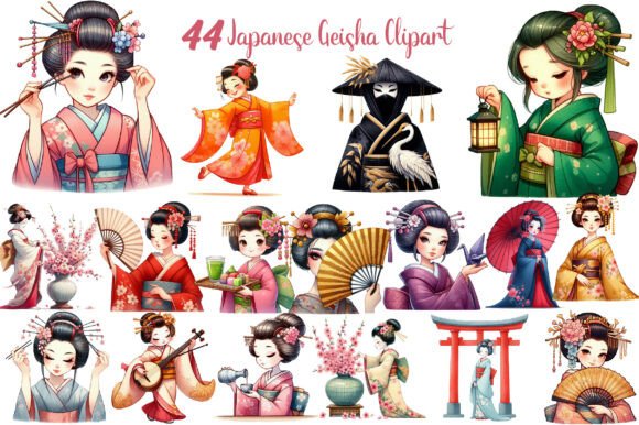 Japanese Geisha Watercolor PNG Bundle Graphic AI Illustrations By Strawberry Art