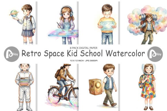 Retro Space Kid Watercolor Digital Paper