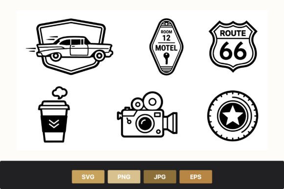 Vintage Car Motel Route 66 Icon Set Afbeelding Afdrukbare Illustraties Door SVGdesigns