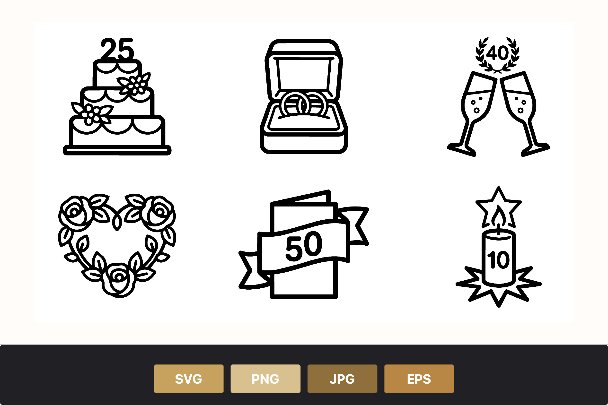 Wedding Anniversary Line Art Icons Set