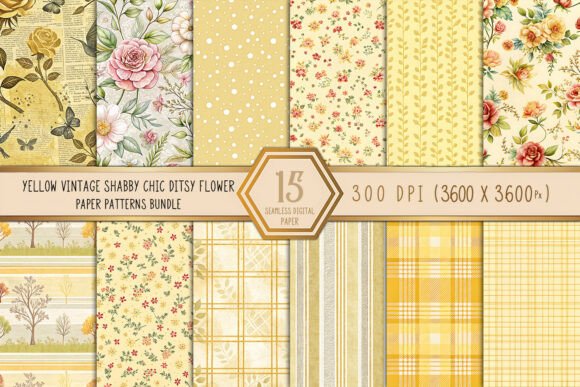 Yellow Vintage Shabby Chic Ditsy Flower Graphic Patterns By Craftfiles-SVG