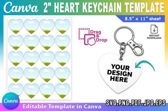 2" Heart Keychain Template Canva Editabe