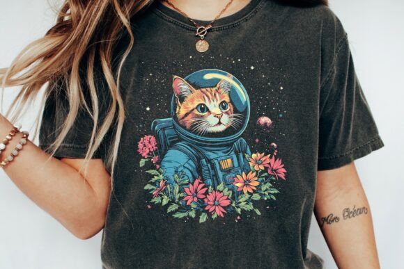 Astronaut Cat with Flowers Space Art Png