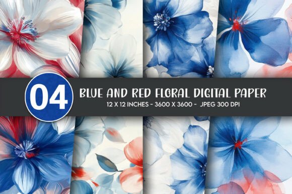 Blue and Red Floral Digital Paper Graphic by Artify Hub Studio ...