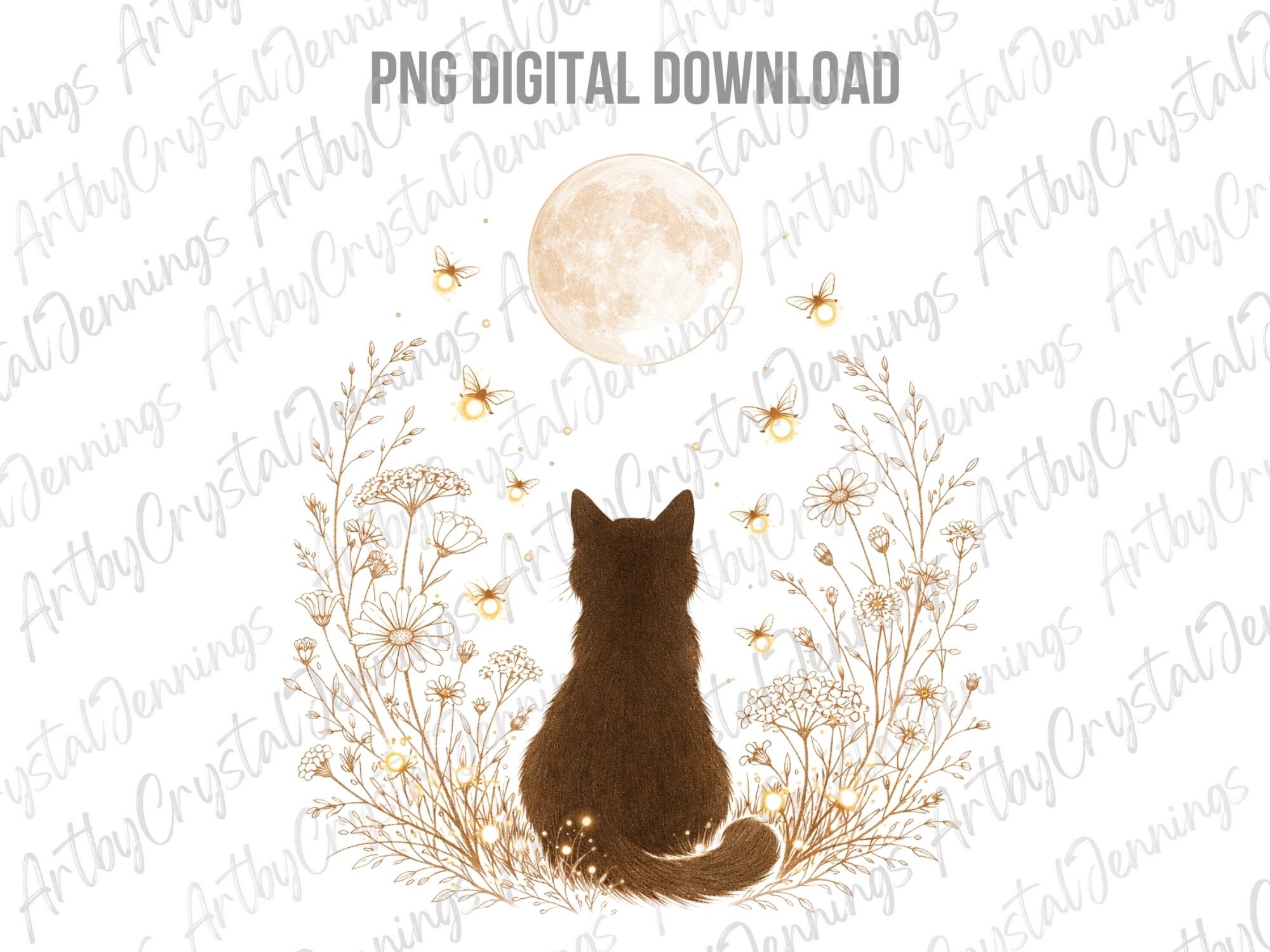 Celestial Mystic Cat & Moon Floral PNG