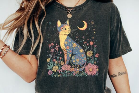 Cosmic Cat Garden Crescent Moon Art Png
